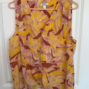 Nine West Yellow Floral Sleeveless V-Neck Top size Large